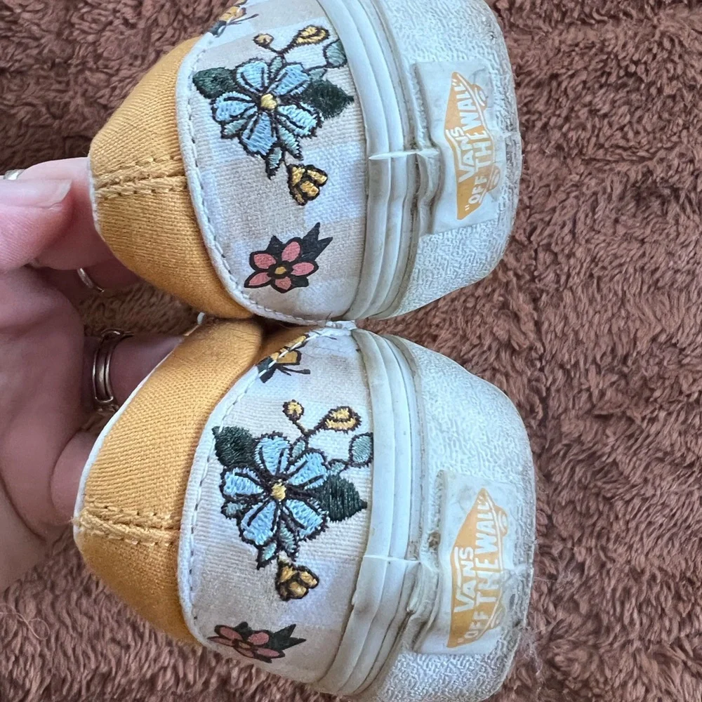 Vans Slip-On Floral Checkerboard Sneakers in Mustard and Cream - Picture 3 of 4
